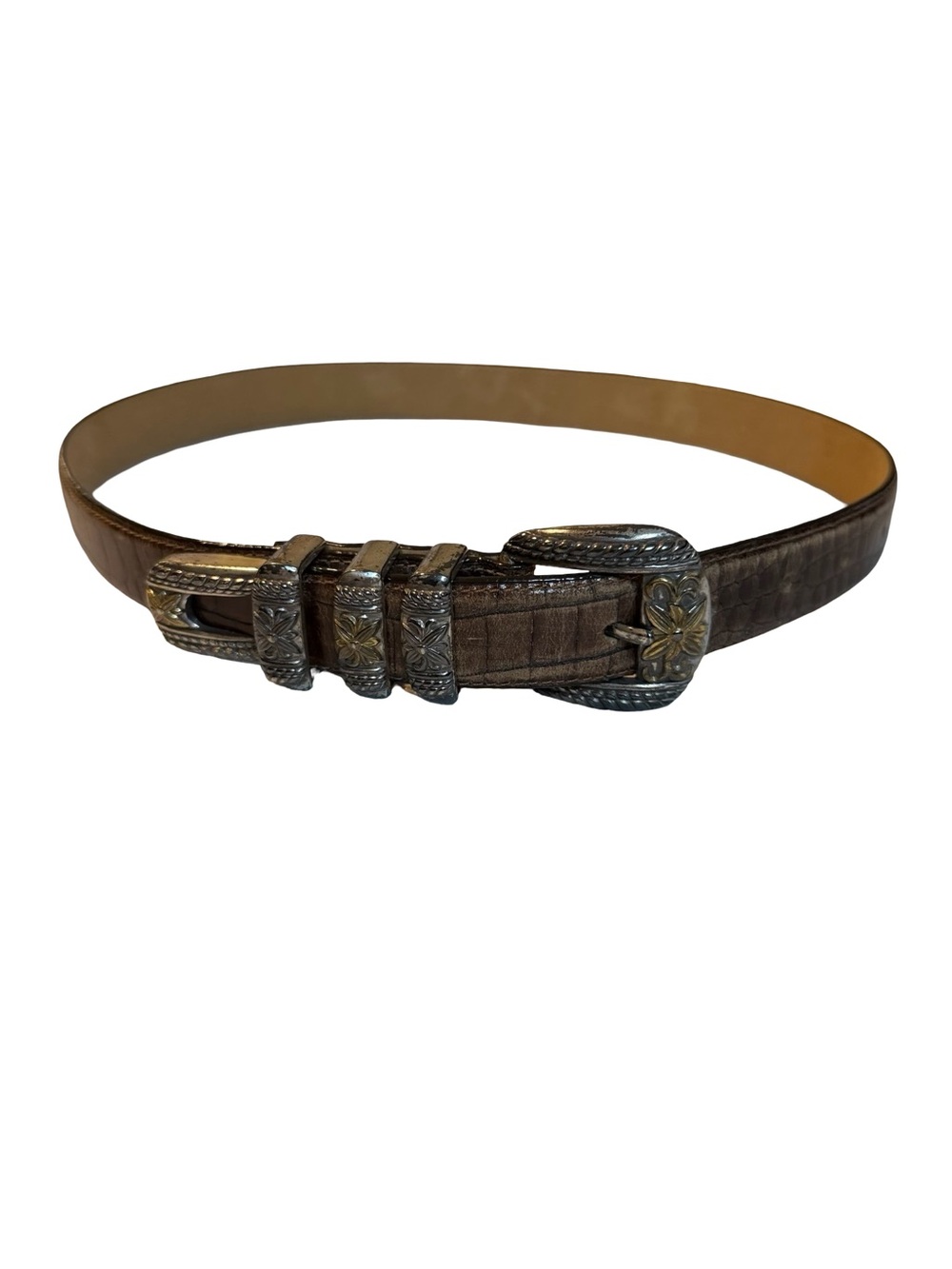 Brighton Brown Crocodile Pattern Women's Belt with Silver Buckle, Adjustable 32